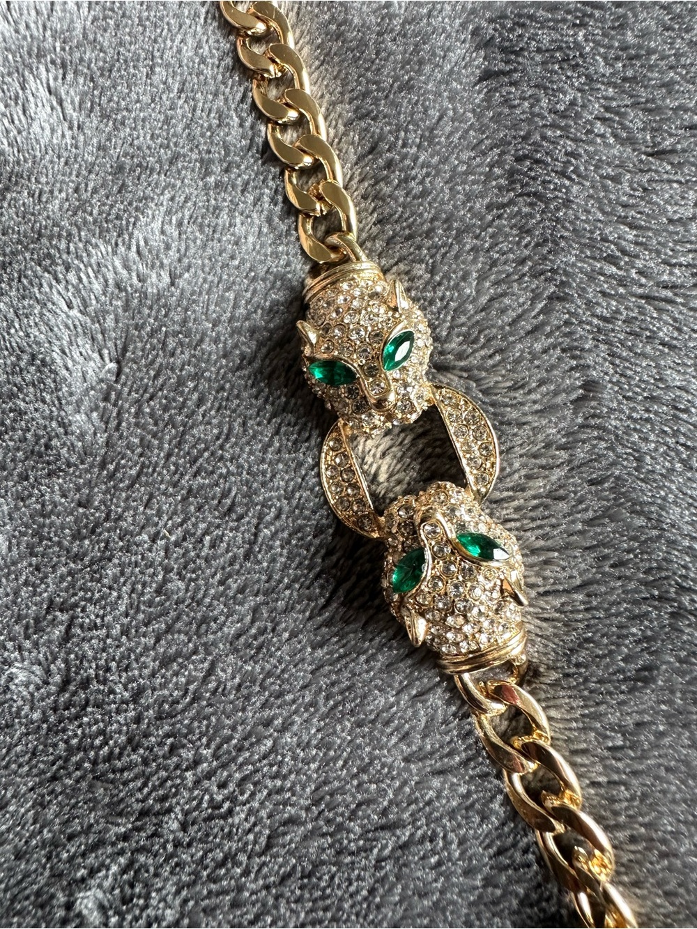Gold-Tone Panther Head Chain Bracelet with Emerald Green Eyes